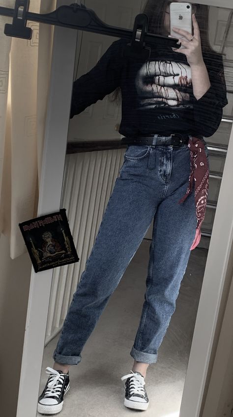 #machinehead #ironmaiden #momjeans #edgy #idontknow #converse #hanger #ironmaidentop #edgy #catharsis #eddie #seventhsonofaseventhson #newme #different #bandana #momjeansoutfit #catharsistop #mirror #odd #outfitinspiration #edgyoutfitinspiration #teenoutfit Bandana On Jeans, Mom Jeans Outfit, Kid Core, Indie Kids, Iron Maiden, New Me, I Don T Know, Outfits For Teens, Mom Jeans