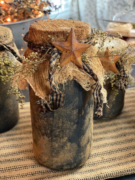 Primitive Grungy Jars, Blackened Beeswax Tutorial, Fall Mason Jar Ideas, Primative Decor Diy Primitive Crafts, Primitive Fall Crafts Diy, Primative Decor Farmhouse Style, Primitive Country Crafts Diy, Easy Primitive Crafts Diy, Primitive Decorating Country Craft Ideas