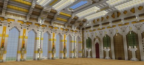 I build large old-style mansions and palaces. This is a room in my largest build yet. Unfurnished. Feel free to take inspiration. Minecraft Throne Room Design, Castle Room Minecraft, Minecraft Dining Room Medieval, Minecraft Ballroom Ideas, Minecraft Palace Interior, Minecraft Royal Bedroom, Ballroom Minecraft, Minecraft Ballroom, Minecraft Mansion Interior