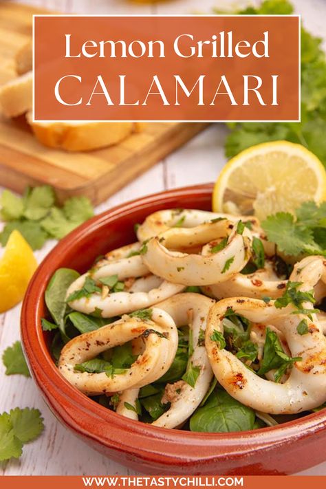 grilled calamari rings with lemon and coriander How To Cook Calamari, Best Calamari Recipe, Grilled Calamari Recipes, Easy Calamari Recipes, Calimari Dishes, Calamari Tubes Recipes, Calamari Rings Recipe Healthy, Grilled Calamari Salad, Stuffed Calamari