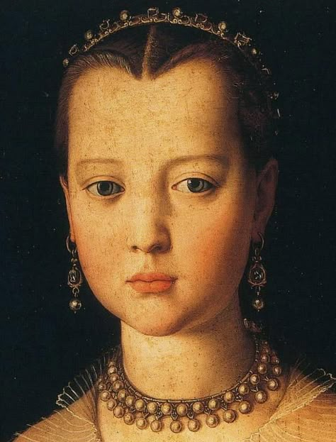 Earrings are hoops with a gold/square jewel, followed by a spherical pearl.  Jeweled headband, interesting double tiered necklace of pearls. Angelo Bronzino - Portrait of Maria de' Medici 1551. Agnolo Bronzino, Chat Memes, Istoria Artei, Bible Women, Funny Pix, Tableau Art, Classic Paintings, Brain Dump, Old Master