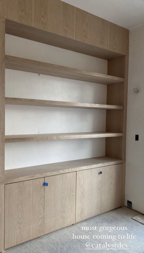 White Oak Built In Cabinet, White Oak Bookshelf, White And Wood Built Ins, White Oak Bookcase, Built In Storage Wall Living Room, Built In Retail Shelving, Built In Bookshelves Next To Fireplace, Oak Built In Bookshelves, Modern Built In Bookshelves