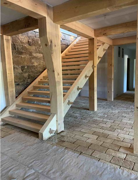 Rustic Staircase, Timber Frame Joinery, Rustic Stairs, Timber Stair, Timber Frame Building, Timber Frame House, Timber Frame Construction, Timber Frames, Rustic Home Design