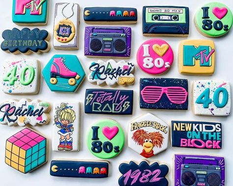 90s Cookies, 80s Cookies, 80s Theme Treats, 90s Cookies Decorated, 90s Theme Cookies, 80s Theme Cookies Decorated, 80s Decorated Cookies, 40th Birthday Cookies, Neon Sign Cookies Decorated