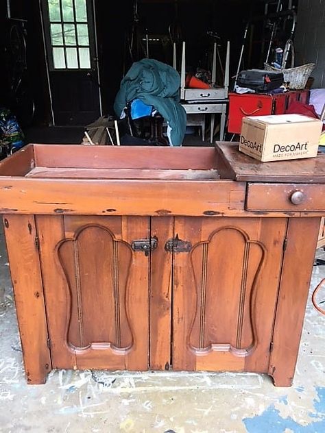 It’s a Wash! Vintage Dry Sink Before and After Vintage Dry Sink Makeover, Refurbished Dry Sink, Antique Dry Sink Repurposed, Dry Sink Bathroom Vanity, Drysink Makeover, Dry Sink Repurposed, Dry Sink Decor Ideas, Dry Sink Makeover, Antique Dry Sink