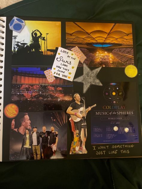 Scrapbook Ideas For Concerts, Country Concert Scrapbook Ideas, Concert Memory Book, Concert Collage Ideas, Concert Scrapbook Page, Scrapbook Ideas Concert, Concert Book Ideas, Concert Confetti Display Ideas, Scrapbook Concert Ideas