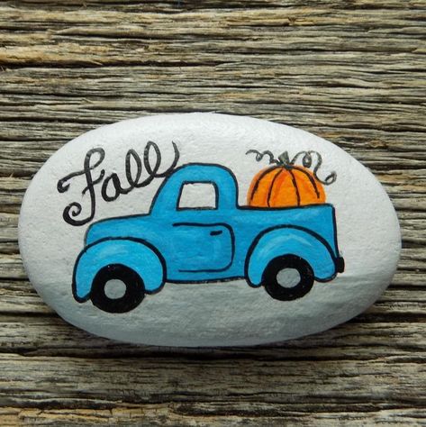 Cute fall inspired fall painted rock with a giant pumpkin in the back of a vintage little blue truck. Thanksgiving Rock Painting, Thanksgiving Painting, Pumpkin Painting Ideas, Rock Painting Ideas, Halloween Rocks, Painted Rocks Kids, Painted Rocks Craft, Painted Rocks Diy, Rock Painting Ideas Easy