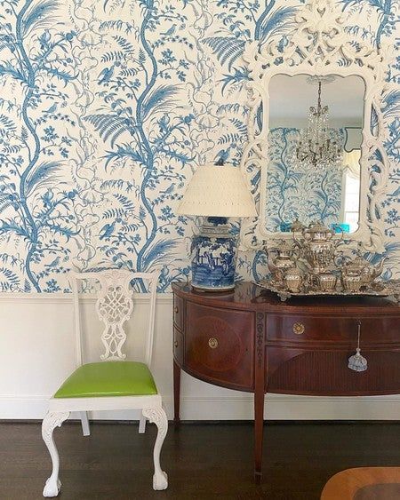 Wallpaper Schemes, Bird And Thistle Wallpaper, Bird And Thistle, Thistle Wallpaper, Wings Bird, Brunschwig And Fils, London Living Room, Foyer Table, Beautiful Dining Rooms