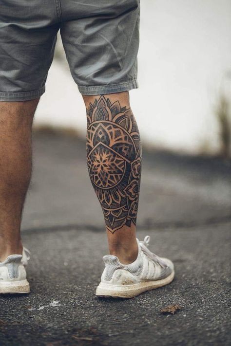 Mandala Shin Tattoo, Tattoo Nick, Mandala Tattoo Mann, Sake Tattoo, Geometric Tattoo Hand, Calf Sleeve Tattoo, Tattoo Ornament, Natur Tattoo Arm, Leg Band Tattoos