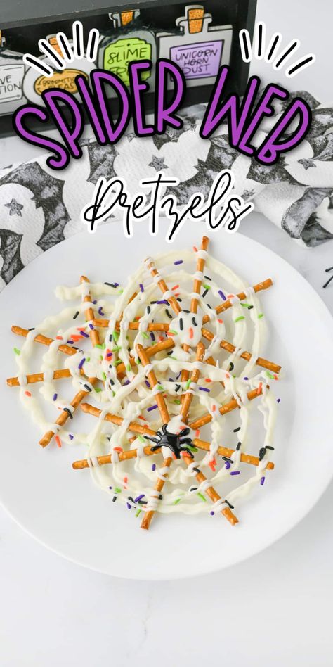 Spider Web Pretzels are a fun and spooky treat perfect for Halloween! Crispy pretzels are drizzled with white chocolate to create an eerie web design, making them a festive and easy snack for your next Halloween party. These deliciously creepy bites are sure to be a hit with both kids and adults Spider Web Pretzel Sticks, Pretzel Stick Spider Webs, Spiderweb Pretzels, Pretzel Chocolate Spider Web, Pretzel Spider Webs, Pretzel Spider Web Halloween Treats, Spider Web Chocolate Covered Pretzels, Spider Web Pretzels White Chocolate, Candy Corn Recipe