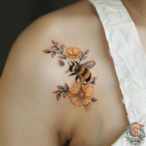 Flower Tattoos For Shoulder, Bee Moon Flower Tattoo, Fairy Flower Tattoos For Women, Matching Garden Tattoos, Bee Back Tattoo Women, Bumblebee And Flower Tattoo, Small Bumble Bee Tattoo Cute, Bee Daisy Tattoo, Whimsical Bee Tattoo