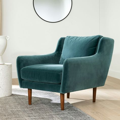 Straight off the Paris runway, circa 1970. Rounded proportions and wooden legs give this compact chair a stylish edge while its size and comfort make it perfect for small space living. The Matrix is crafted from sumptuous velvet for undeniable comfort and style. Article Couch, Neutral Color Bedroom, Blue Velvet Accent Chair, Paris Runway, Compact Chair, Mid Century Modern Lounge, Teal Accent Chair, Article Furniture, Velvet Lounge Chair