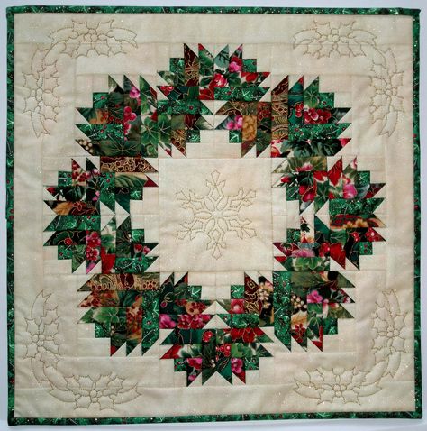 "Lori's Wreath" made in 2004, approximately 15" square. Christmas Rose Wreath Quilt Pattern, Quilt Wreath, Wreath Quilt Pattern, Wreath Quilt, Quilted Table Runners Christmas, Christmas Quilting Projects, Watercolor Quilt, Christmas Jacket, Log Cabin Quilt Pattern