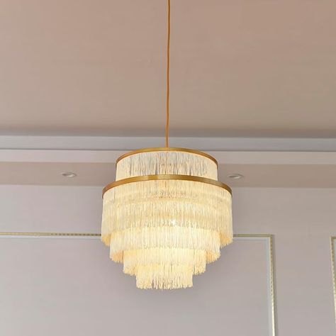 Topaluce 5-Tiered Boho Chandelier Gold,3 Lights Pink Fringe Pendant Light Fixture,Tassle Chandelier for entryway,Dining Room,Baby Nursery,Bedroom - Amazon.com Fringe Pendant Light, Chandelier For Entryway, Tassel Chandelier, Chandelier Gold, Boho Chandelier, Entryway Dining Room, Room Baby, Spa Design, Gold Chandelier