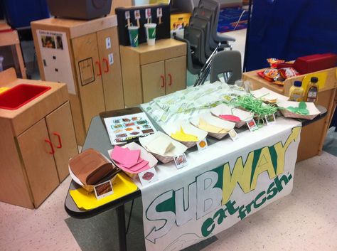 Subway Sandwich Shop, Restaurant Dramatic Play, Kindergarten Dramatic Play, Prek Dramatic Play, Subway Restaurant, Preschool Dramatic Play, Dramatic Play Themes, Daycare Themes, Kids Restaurants