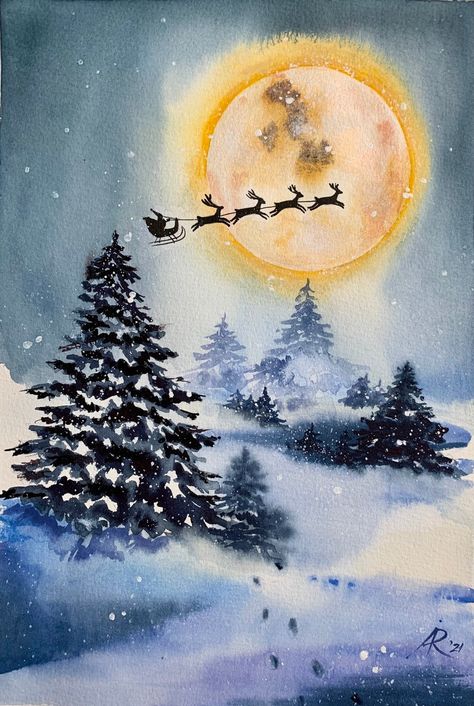 Santa Flies on Deers Over the Winter Forest Hand Painting - Etsy Ukraine Merry Christmas Drawing Art, Christmas Watercolor Paintings, Easy Christmas Paintings, Watercolor Art Christmas, Hirsch Silhouette, Simple Paintings, Forest Watercolor, Christmas Canvas Art, Christmas Paintings On Canvas