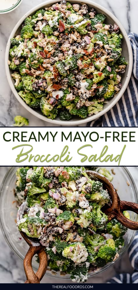 Brócoli Salad, Creamy Broccoli Salad, Healthy Broccoli Salad, Dietitian Recipes, Broccoli Dishes, Broccoli Cauliflower Salad, Real Food Dietitians, Broccoli Salad Bacon, Creamy Broccoli