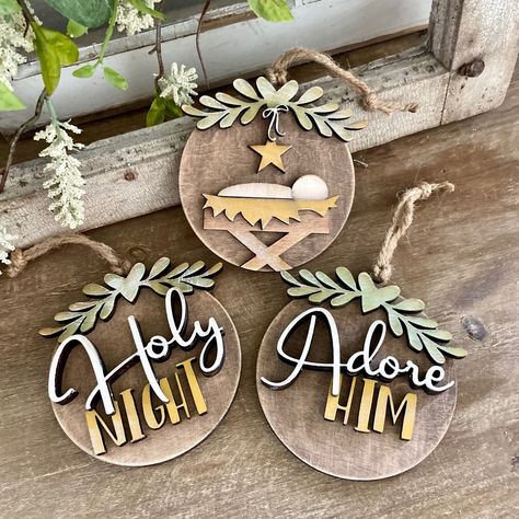 Holy Night | Christmas Baby Jesus | Adore Him Ornament (Set of 3) – Glowforge Shop Laser Cut Wood Crafts, Night Christmas, Laser Engraved Ideas, Ornament Display, Christmas Signs Wood, Wood Christmas Ornaments, Christmas Trends, Christmas Ornament Crafts, Holy Night