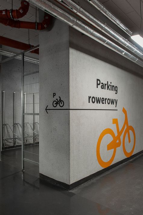 Wayfinding for Rajska 8 and Heweliusza 18 in Gdansk on Behance Bicycle Infrastructure, Room Signage, Cycle Storage, Park Signage, Underground Parking, Wayfinding Signs, Bicycle Store, Bike Room, Wayfinding Design