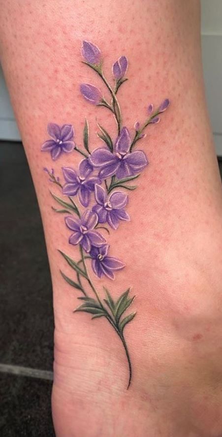 Irish Flower Tattoo, Larkspur Flower Tattoos, Aster Flower Tattoos, Purple Flower Tattoos, Violet Flower Tattoos, Larkspur Tattoo, Water Lily Tattoos, Purple Tattoos, Larkspur Flower