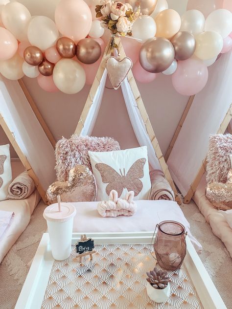 Tipi Birthday Party, Tee Pee Birthday Party Girl, Pink Sleepover, Tent Parties, Tent Sleepover, Slumber Party Decorations, 12th Birthday Party Ideas, Sleepover Tents, Birthday Sleepover Ideas