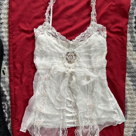 Ethereal white lace y2k cami. One of my favorite... - Depop Ditsy Floral Aesthetic, Lace Y2k, Y2k Cami, Floral Aesthetic, Fairy Grunge, Ditsy Floral, White Lace, Dream Closet, Vintage Outfits