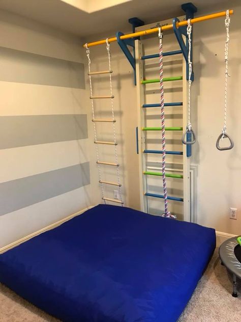 The Wilcox Life: Our Work in Progress Sensory Corner/Playroom Crash Pad Sensory, Diy Indoor Playground, Corner Playroom, Sensory Kids Room, Sensory Corner, Wiggle Car, Sensory Kids, Indoor Playroom, Wall Storage Systems