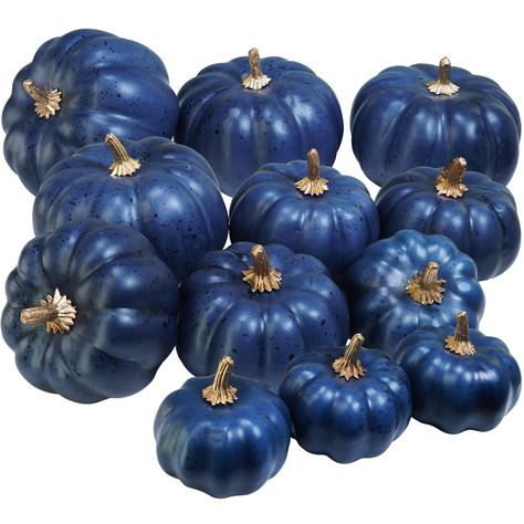 PRICES MAY VARY. Quantity: Package includes 12 pcs Navy Blue Faux Pumpkins Artificial Harvest Pumpkins in 3 sizes, with 4 pumpkins in each size. Pair them with greenery to create a unique table runner decoration! These blue pumpkins are perfect for Halloween, Thanksgiving, fall parties, baby showers, bridal showers, or weddings. Size: These navy pumpkins come in three sizes—2.5" x 2", 3" x 2.8", and 3.8" x 3". Their flat bottom makes them perfect for various arrangements. Use these small pumpkin Blue And Orange Thanksgiving, Blue Thanksgiving Table Decor, Navy Blue Fall Decor, White Thanksgiving Decor, Navy Wedding Centerpieces, Blue And White Fall Decor, Blue Thanksgiving Table, Seasonal Room Decor, Blue Thanksgiving