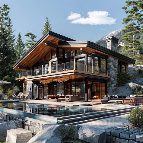 Chalet Design Exterior Modern, Modern Ski House, Sloping Lot House Plan, Modern Mountain House, Dream House Aesthetic, Modern Chalet, Lake Houses Exterior, Chalet Design, Mountain Chalet