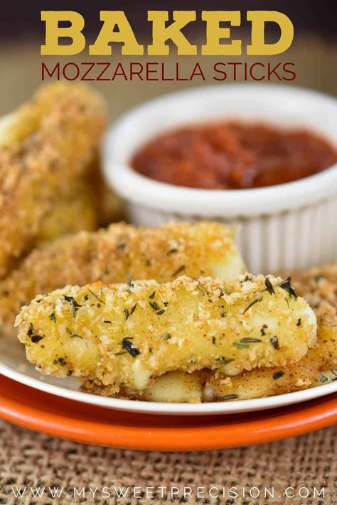 Enjoy these healthy baked mozzarella sticks with zero guilt! This slimmed-down version is made with part-skim cheese, breaded with Panko crumbs, and baked in the oven. This recipe will quickly become your favorite appetizer for game day! #appetizers #healthysnacks #mysweetprecision Baked Mozzarella Sticks, Baked Mozzarella, Soft Pumpkin Cookies, Weight Watchers Snacks, Panko Crumbs, Game Day Appetizers, Crab Cake, Healthy Baked, Nut Recipes