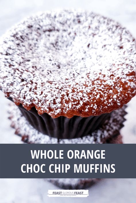 My Whole Orange Choc Chip Muffins use whole boiled oranges in place of fat to provide body and flavour in these unusual but incredibly easy muffins. Ground almonds and no flour ensure that they are lovely and light despite being naturally gluten free. I love them for a cheeky breakfast! Choc Muffins, Choc Chip Muffins, Dairy Free Muffins, Feast Recipes, Almond Flour Muffins, Almond Muffins, Orange Muffins, Big Cakes, Gluten Free Muffins