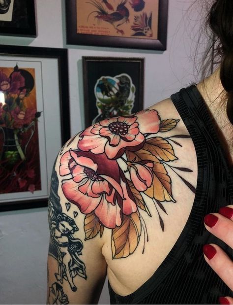 Neotrad Shoulder Tattoo, Flower Painting Tattoo, Floral Fruit Tattoo, Botanical Tattoo Sleeve Colour, Bold Floral Tattoo, Traditional Floral Tattoo Sleeve, Neo Traditional Tattoos Flower, Botanical Tattoo Design, Front Shoulder Tattoos