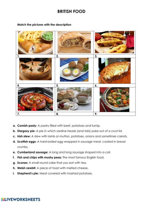 Food Around The World Worksheet, Food Worksheet, Dishes Around The World, Food Around The World, Cornish Pasties, British Dishes, Egg Wrap, Irish Stew, Scotch Eggs