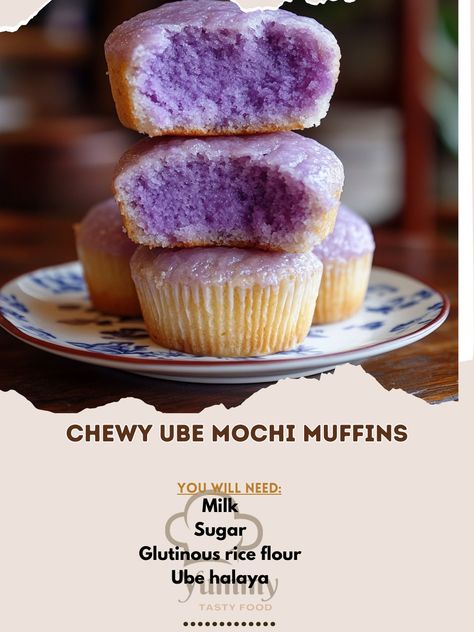 🧁💜 Chewy Ube Mochi Muffins��—Soft, chewy muffins with a sweet ube flavor. A delightful treat for ube lovers! 💜🍰 #UbeMochi #FilipinoDesserts Chewy Ube Mochi Muffins Ingredients: Ube halaya (1/2 cup) Glutinous rice flour (1 cup) Sugar (1/2 cup) Milk (1/2 cup) Baking powder (1 tsp) Eggs (2) Butter (2 tbsp, melted) Instructions: Preheat oven to 350°F (175°C). Grease muffin tin. Mix glutinous rice flour, sugar, and baking powder. Add ube halaya, milk, eggs, and melted butter; mix well. Pour into... Ube Rice Crispy Treats, Ube Mochi Recipe, Mochi Muffin Recipe, Mochi Muffin, Ube Cookies, Mochi Muffins, Ube Mochi, Ube Dessert, Ube Halaya