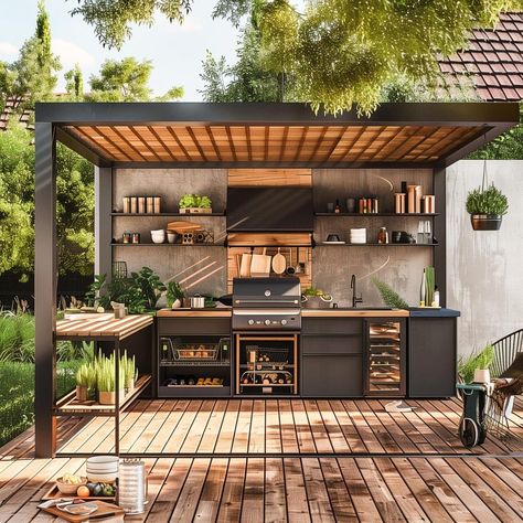 Backyard Kitchen Small Space, Outdoor Kitchen And Sitting Area, 10x10 Patio Ideas Outdoor, Bbq Decking Area, Outdoor Patio Ideas Kitchen, Outside Patio Decorating Ideas, Backyard Kitchen Patio, Outdoor Kitchen Shed, Outdoor Kitchenette