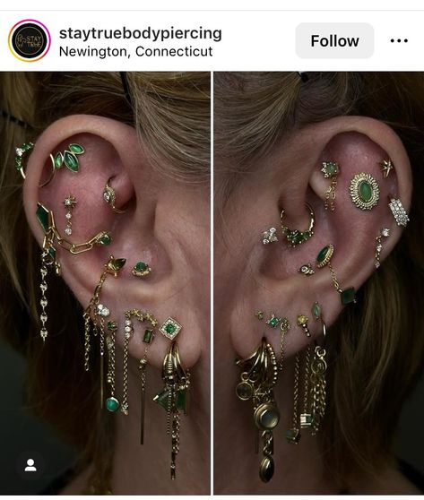 Ear Piercing Styling, Ear Setup, Piercing Setup, Piercing Styling, Southern Gothic Fashion, Eat Piercing, Cool Piercing, Pretty Plugs, Unique Ear Piercings