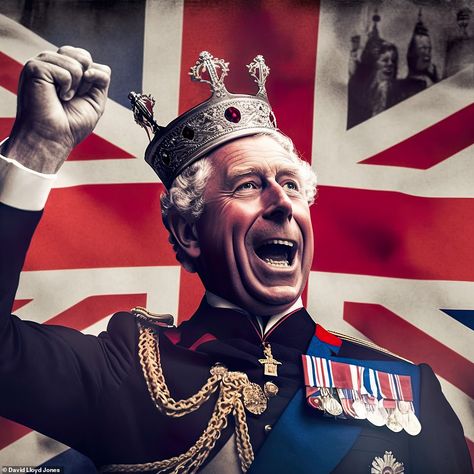 God save the King: MidJourney AI imagines King Charles cheering before the Union Flag, his... King Charles Aesthetic, God Save The King, Charles 1 Of England, King Charles Illustration, King Charles Coronation Logo, George Vi Coronation, Lloyd Jones, Kesha, Westminster Abbey