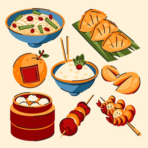 Chinese New Year Food Illustration, Chinese Food Illustration Art, Chinese Food Art, Chinese Food Illustration, Chinese Food Poster, Ancient Chinese Food, Food Art Drawing, Chinese New Year Illustration, Vector Food Illustration