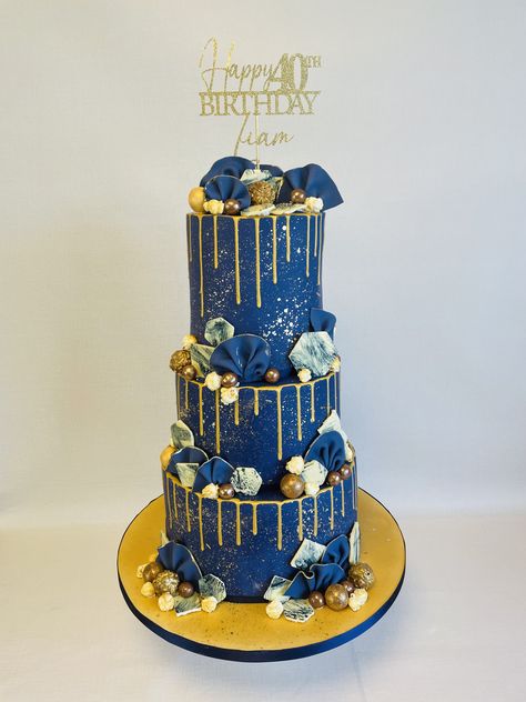 3 Tier Birthday Cake For Man, Blue And Gold Marble Cake, 3 Tier Cake For Men, Blue Gold Birthday Theme, Blue Gold And White Cake, Tiered Drip Cake, Blue And Gold Graduation Cake, Blue 3 Tier Cake, Navy Blue Birthday Cake