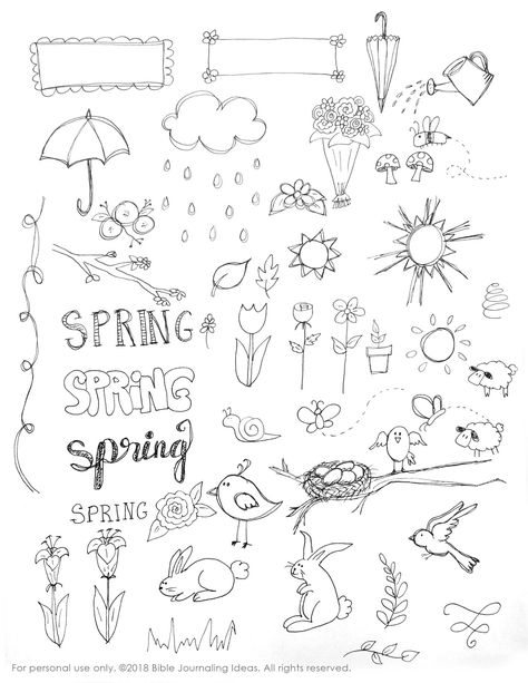 Bible Journaling Ideas: Ten Bible Verses for Spring & Free Spring Doodles Download I don't know about you, but after a loooong Iowa win... Journaling Ideas Drawings, Spring Doodles, Doodles Simple, Bible Journaling Ideas, Simple Journal, Bible Doodles, Spring Drawing, Easter Drawings, Bujo Doodles