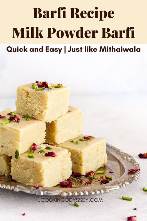 Plain milk powder barfi or barfi pieces garnished with nuts and rose petals Milk Barfi Recipe, Barfi Recipe, Sweet Milk, Milk Dessert, Gulab Jamun, 2000 Calorie Diet, Indian Sweet, Cardamom Powder, Clotted Cream