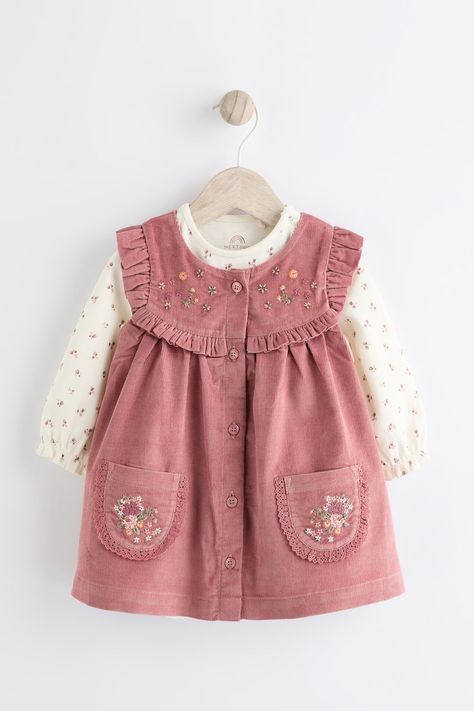 Pink Embroidered Baby Corduroy Pinafore Dress With Tights (0mths-2yrs) Newborn Girl Dresses, Corduroy Pinafore, Dress With Tights, Corduroy Pinafore Dress, Cotton Tights, School Project, Pinafore Dress