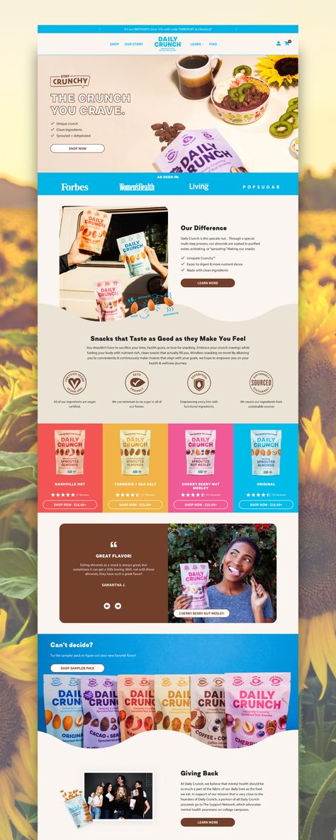 Daily Crunch Shopify food website Nuts Website Design, Website Design Food Product, Packaging Website Design, Shopify Design Inspiration, Vacation Website Design, Website Product Design, Digital Product Website Design, Funny Website Design, Sell Sheet Design Inspiration