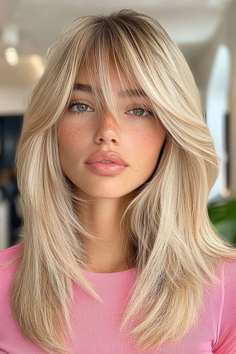 Haircuts Bangs Medium Straight, Medium Haircut Curtain Bangs Layers, Curtain Bangs With Brown Hair, Blond Layered Bob, Haircuts Women 2024, Bangs With Brown Hair, Blonde Haircuts With Bangs, Mid Length Hair With Layers And Bangs Round Faces, Blonde Long Bob With Bangs