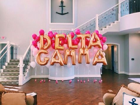 Sorority Recruitment Decorations, Recruitment Decorations, Balloon Letters, Sorority Formal, Alpha Sigma Tau, College Sorority, Sorority Bid Day, Bid Day Themes, Alpha Xi Delta