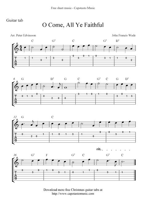 Free Printable Sheet Music: O Come, All Ye Faithful, easy free Christmas guitar sheet music and guitar tabs Ukulele Fingerpicking Songs, Easy Notes, Classical Guitar Sheet Music, Christmas Guitar, Guitar Tabs Acoustic, Guitar Tablature, Learn Guitar Songs, Free Printable Sheet Music, O Come All Ye Faithful