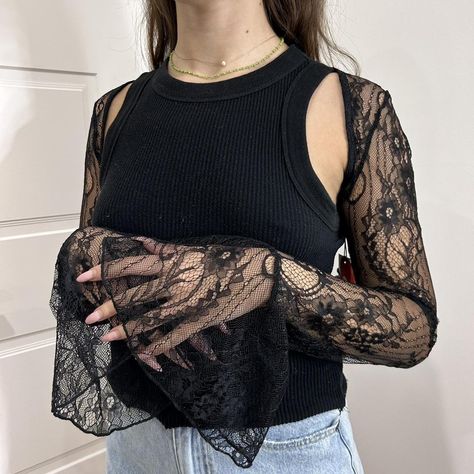 Black lace shrug / modelled on a size 8! Tagged as... - Depop Mesh Shrug, Goth Things, Lace Shrug, Black Shrug, Black Lace, Mesh, Sewing, Knitting, Tags