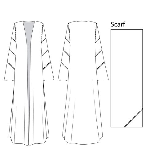 Abaya Technical Drawing, Abaya Designs Sketch, Abaya Template, Sew Abaya, Abaya Sketch Design, Hijab Designs Pattern, Sewing Abaya, Abaya Sewing Pattern, Patron Abaya