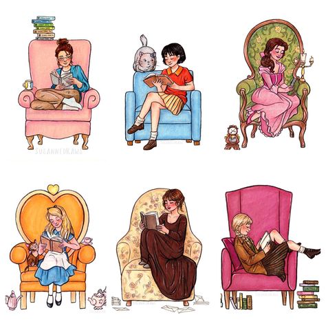 Cather, Shizuku, Belle, Alice, Elizabeth & Liesel (by susannedraws) Geeky Girls, The Book Thief, World Of Books, Childrens Illustrations, Pride And Prejudice, Journal Stickers, I Love Books, Cute Illustration, Love Book