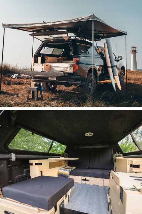 pickup truck exterior and pickup truck camper interior Pickup Truck Bed Ideas, Truck Bed Camper Interior, Truck Camper Interior, Homemade Truck Camper, Diy Truck Camper, Pickup Camping, Truck Builds, Pickup Trucks Camping, Camper Truck